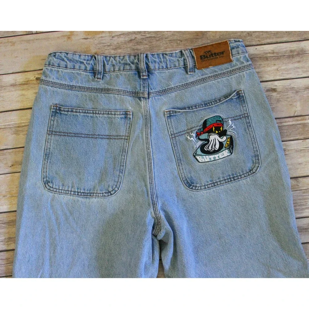 Butter Goods Baggy Fit Jeans Mens 32 x 27 Light Blue Embroidered Wide Leg Skate